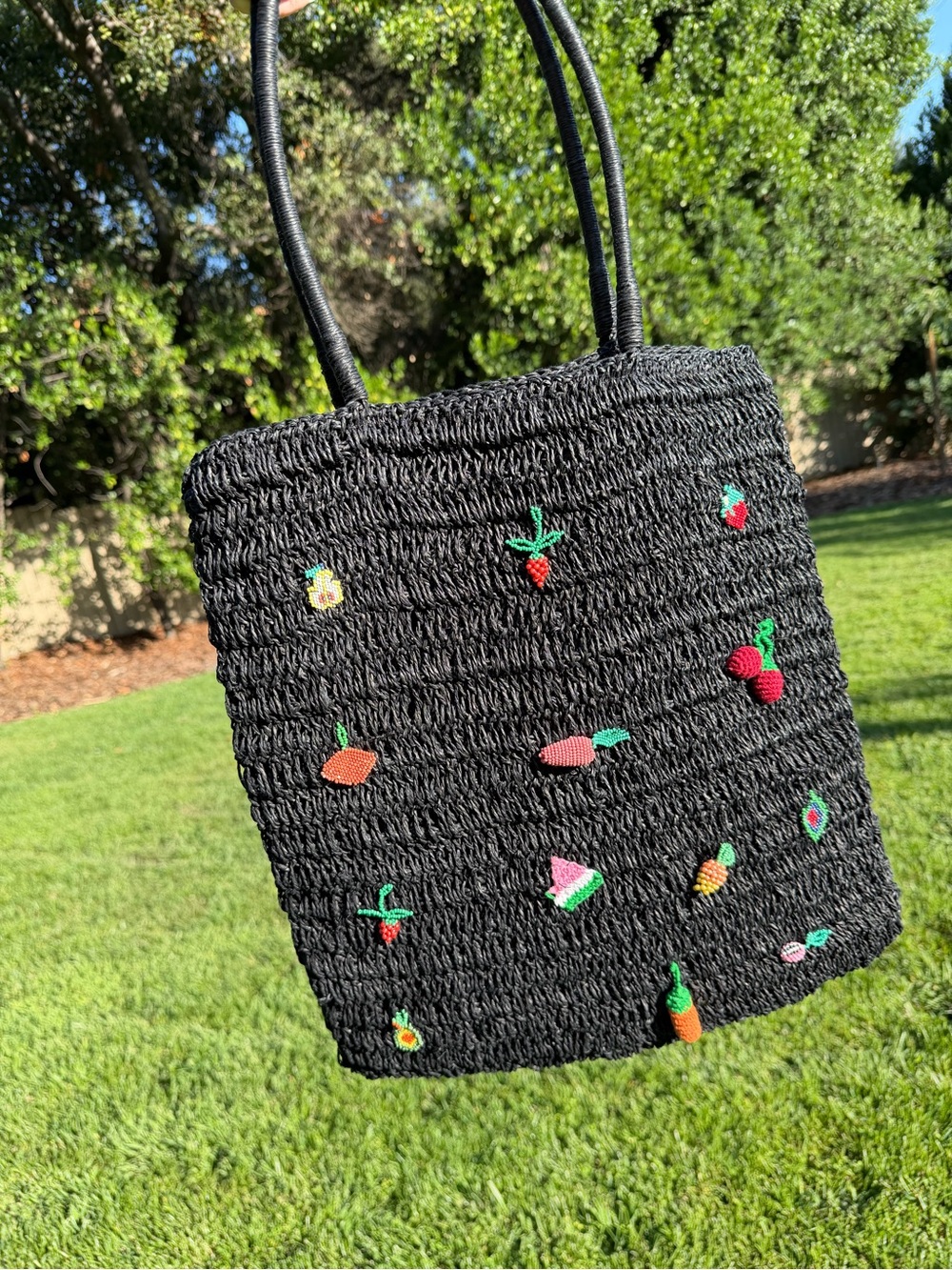 Free People Black Straw Tote with Colorful Fruit Embroidery